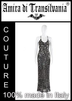 Abito couture con paillette e strass ricamato a mano
