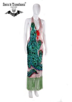 Abito couture colore verde disegno coccodrillo