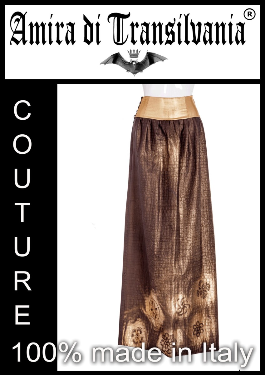 Gonna couture dorata in neoprene dipinta a mano