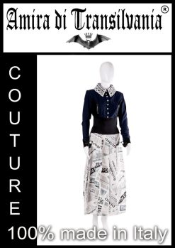 Abito couture stile collegiale fantasia giornale e collo in macramè