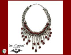 Silver Jewel with Burgundy Stone Statement Collar Fringe Pendant, Bordeaux Necklace Bib Luxury Jewelry