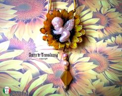 Sunflower Necklace, Little Fairy Baby Pendant, Floral Jewelry Sun Flower Agate Stone Nature Modernist