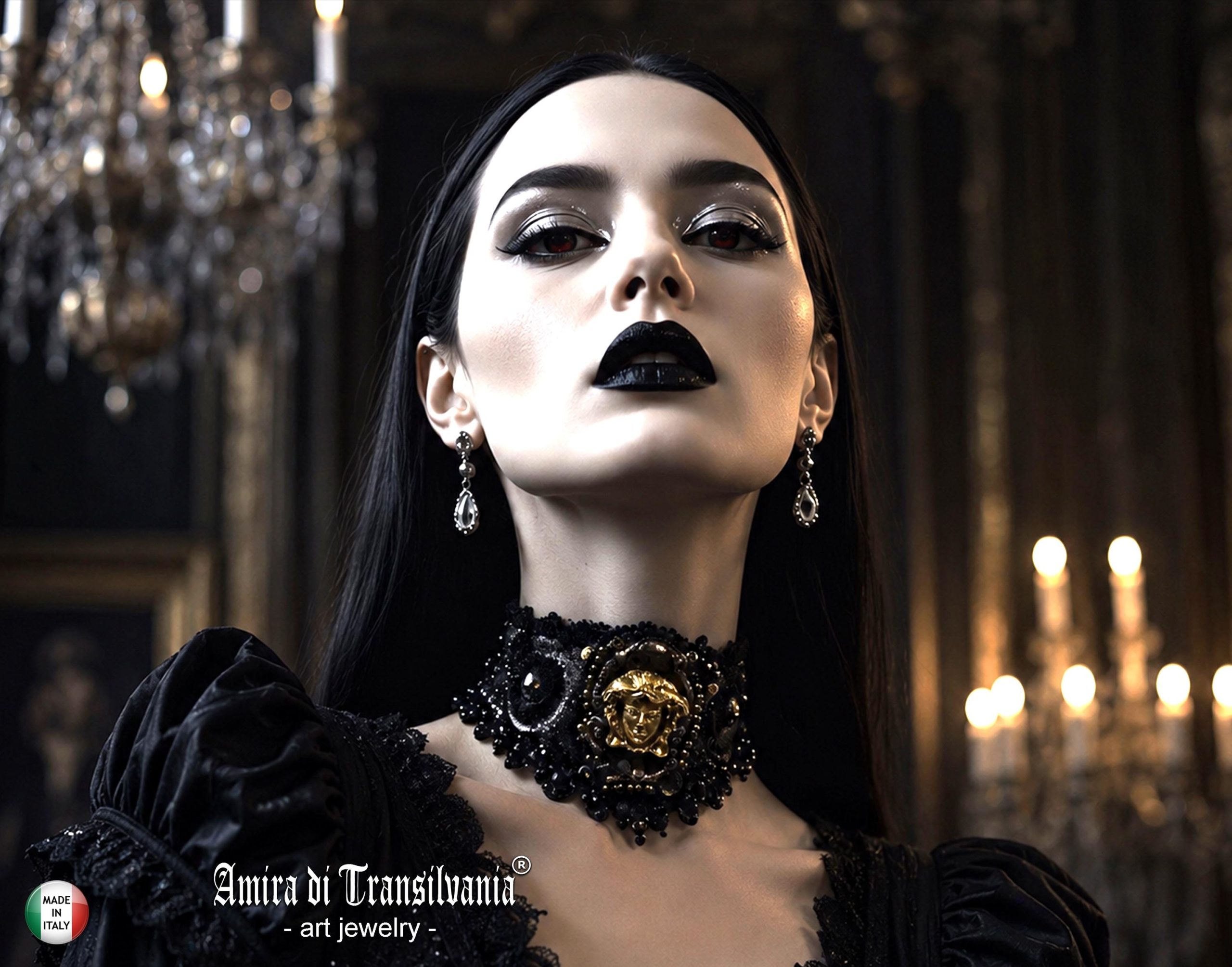 Dark Gothic Choker, Embroidered Macrame Lace Jewelry, Medusa Medallion Necklace Dramatic & Statement Collar