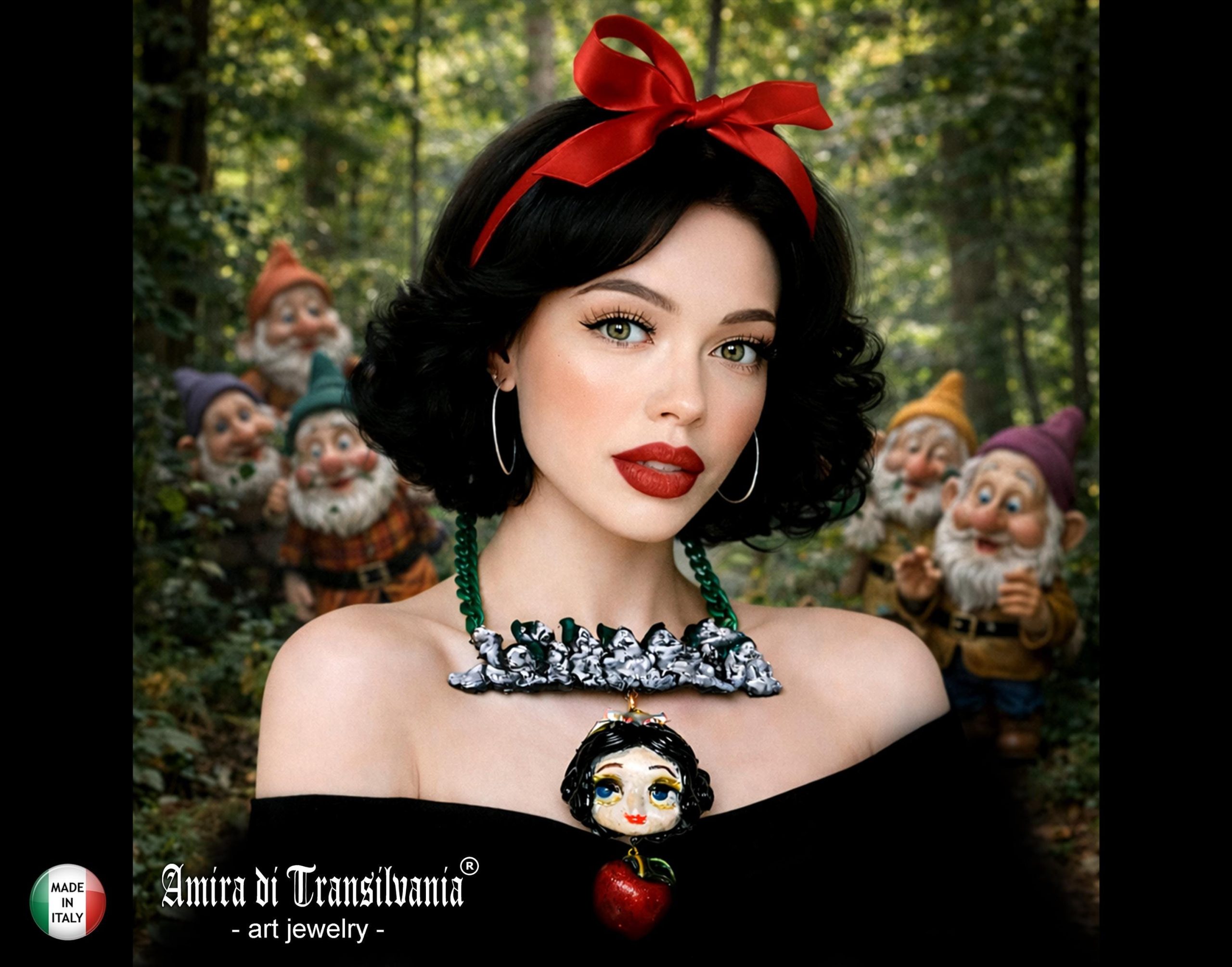 Whimsical Jewelry, Snow White & the Seven Dwarfs Necklace Manga Doll Fantasy Pendant Cartoonish Apple Charm