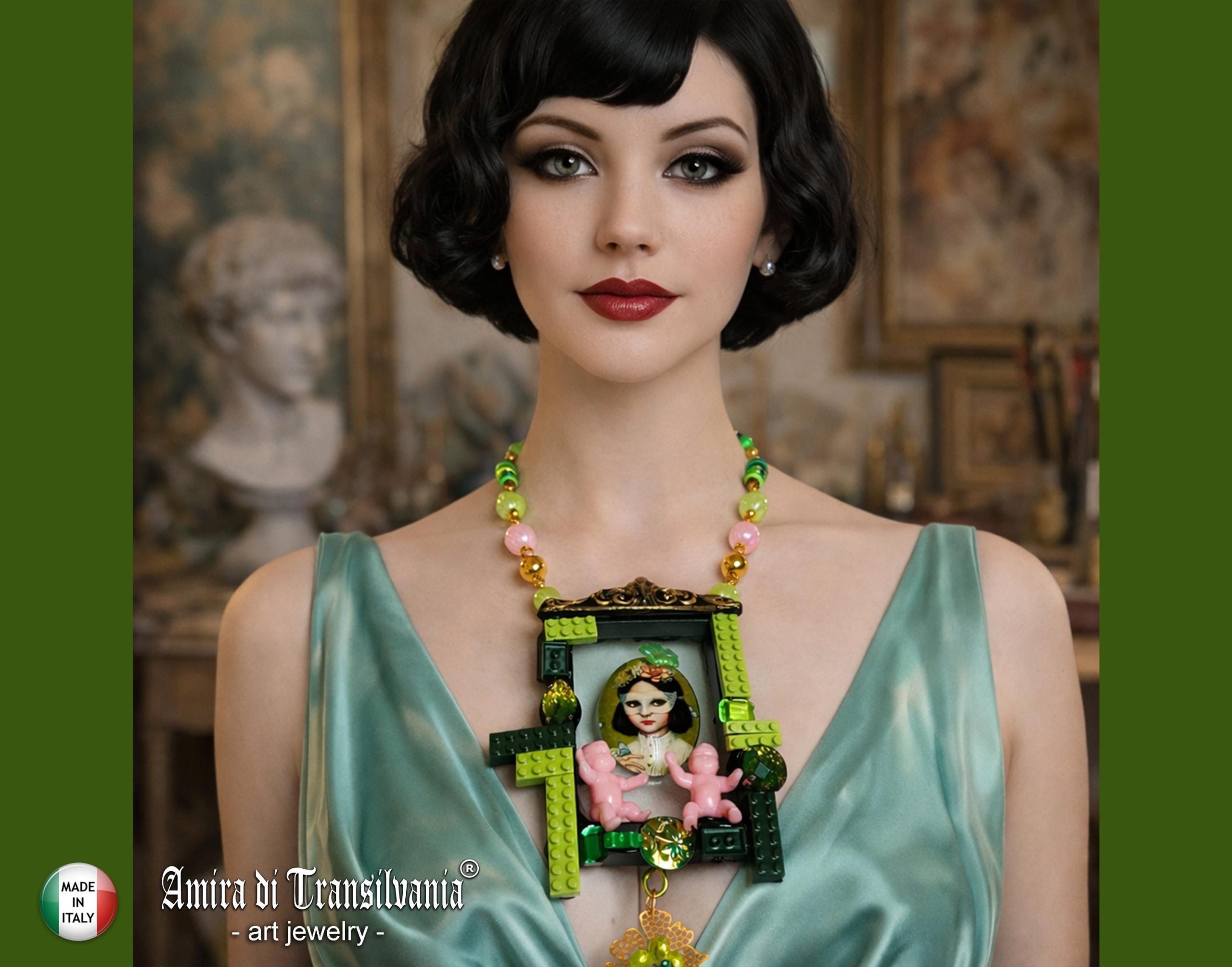 Assemblage Necklace, Vintage Portrait Pendant, Cameo Crystal Beads, Artist Doll Charm Statement Jewelry