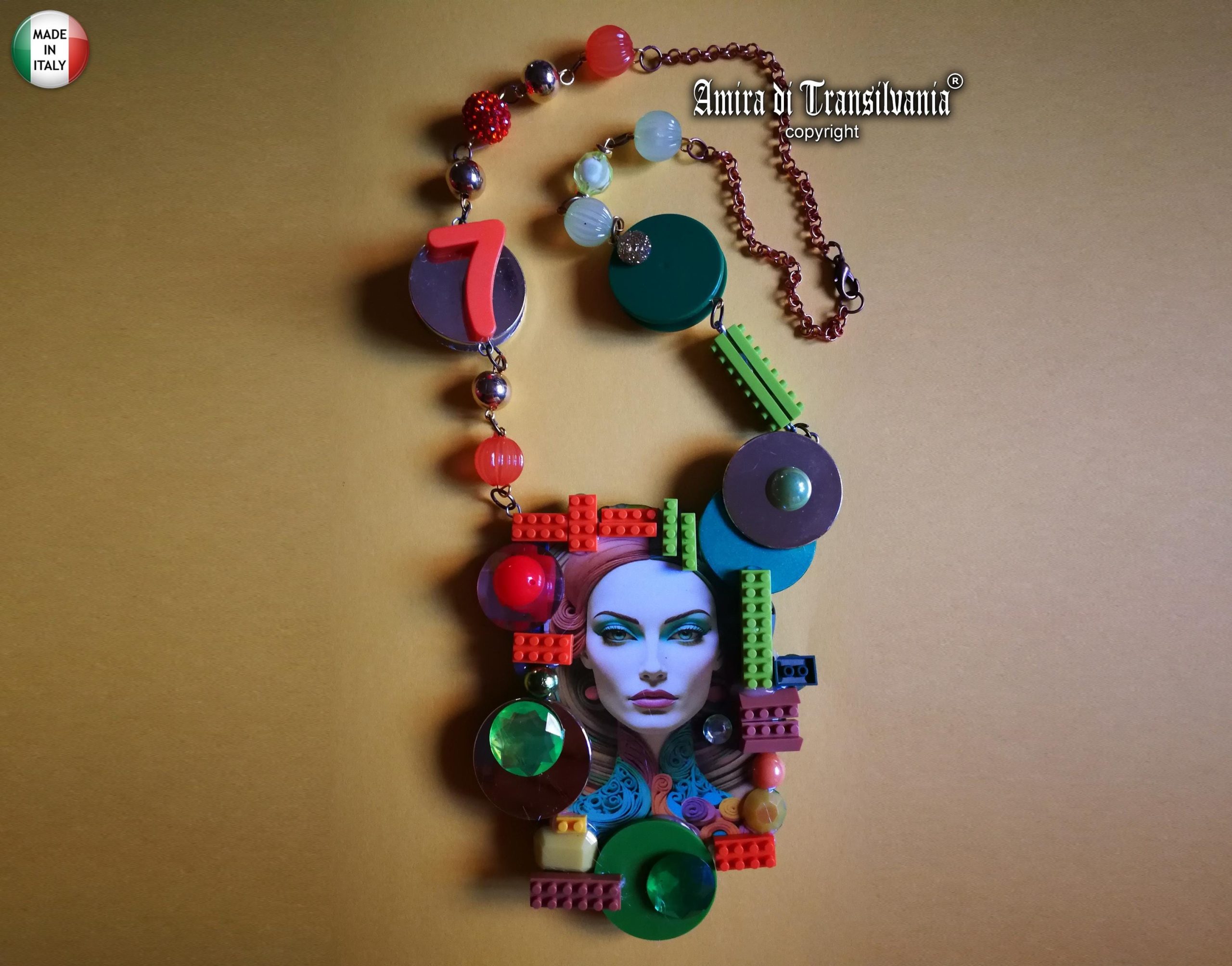 Futuristic Jewelry 1960 1970 Design Necklace, OOAK Modernist Beaded Pop Art, Disco Fashion Style Multicolored Pendant