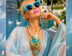 Swan Lake Rhinestone Choker Necklace, Statement Jewelry Mother of Pearl & Onyx Stone Charm Pendant