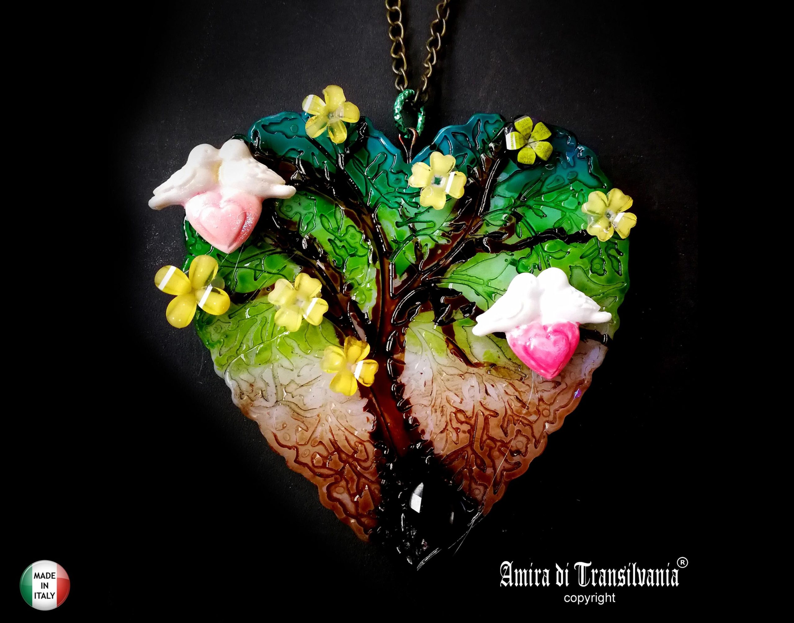 Tree of Life Necklace, Belle Epoque Jewelry, Art Nouveau Heart Sculpture Pendant Love Bird Yggdrasil