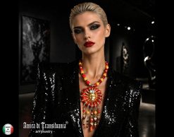 Red & Gold Sun Face Pendant Necklace, Beaded Dangles OOAK Wearable Art Statement Bold Jewelry
