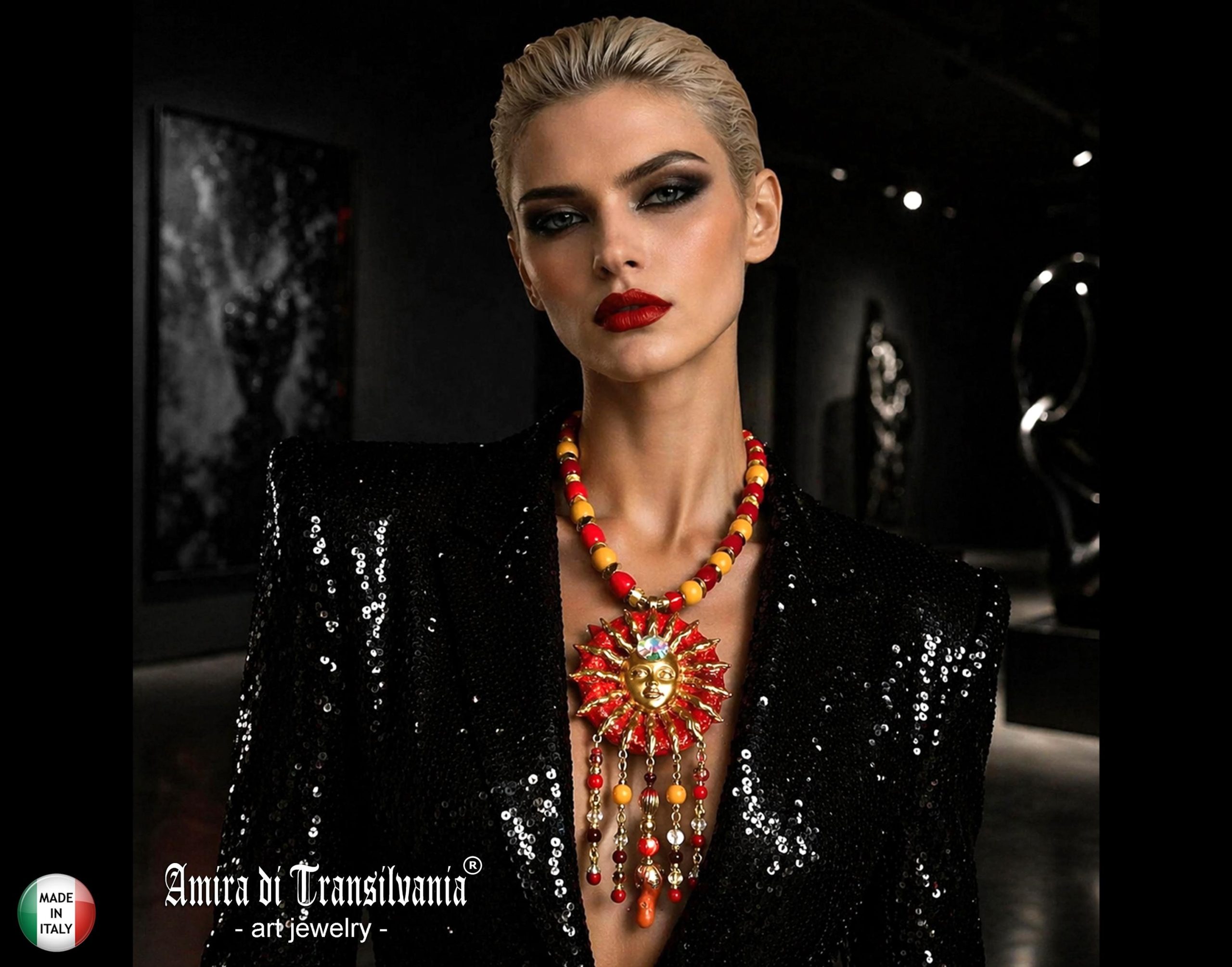 Red & Gold Sun Face Pendant Necklace, Beaded Dangles OOAK Wearable Art Statement Bold Jewelry