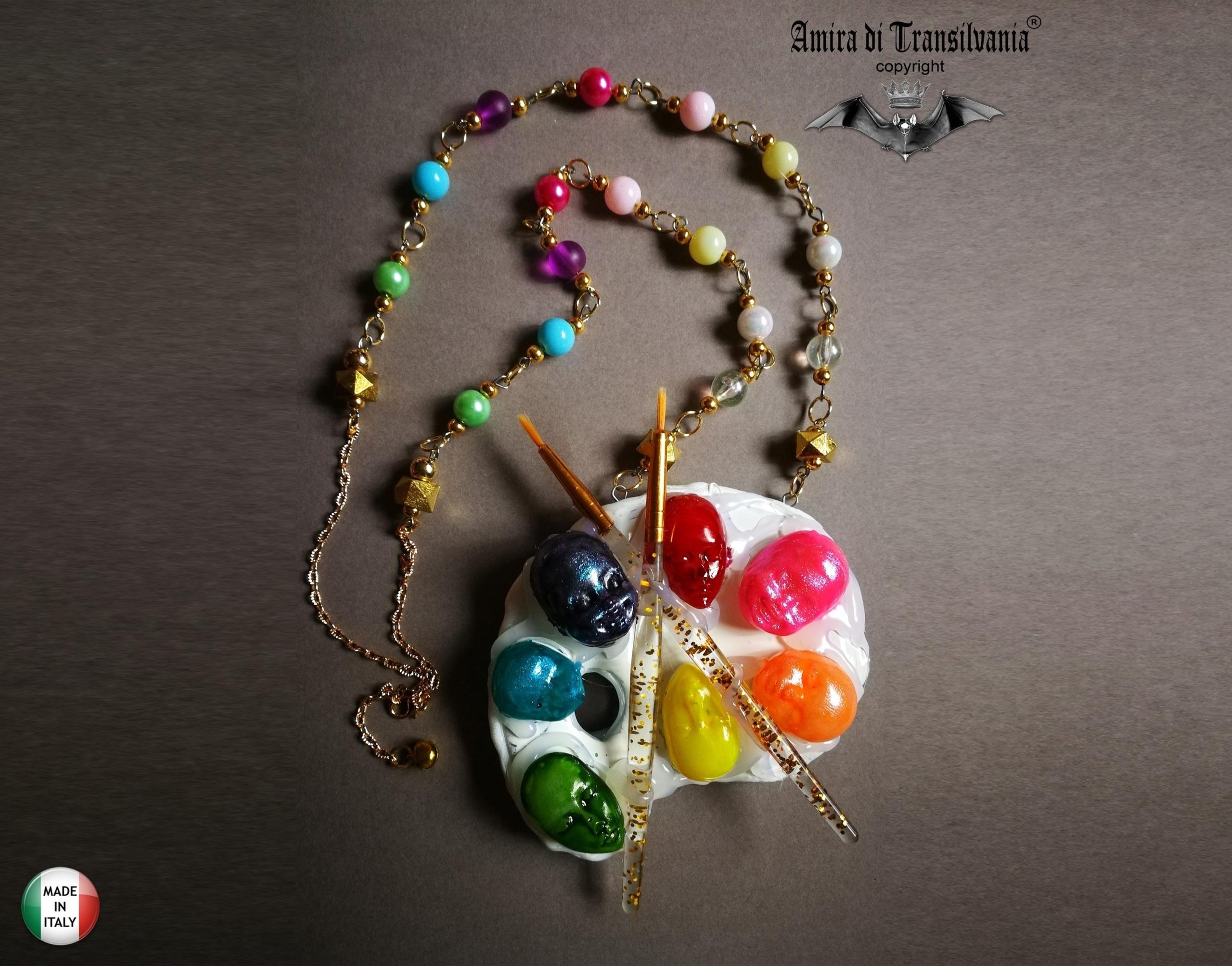 Artist Palette Jewelry, Painter Sculpture Pendant Rainbow Beaded, Doll Head Face Chunky Statement Necklace