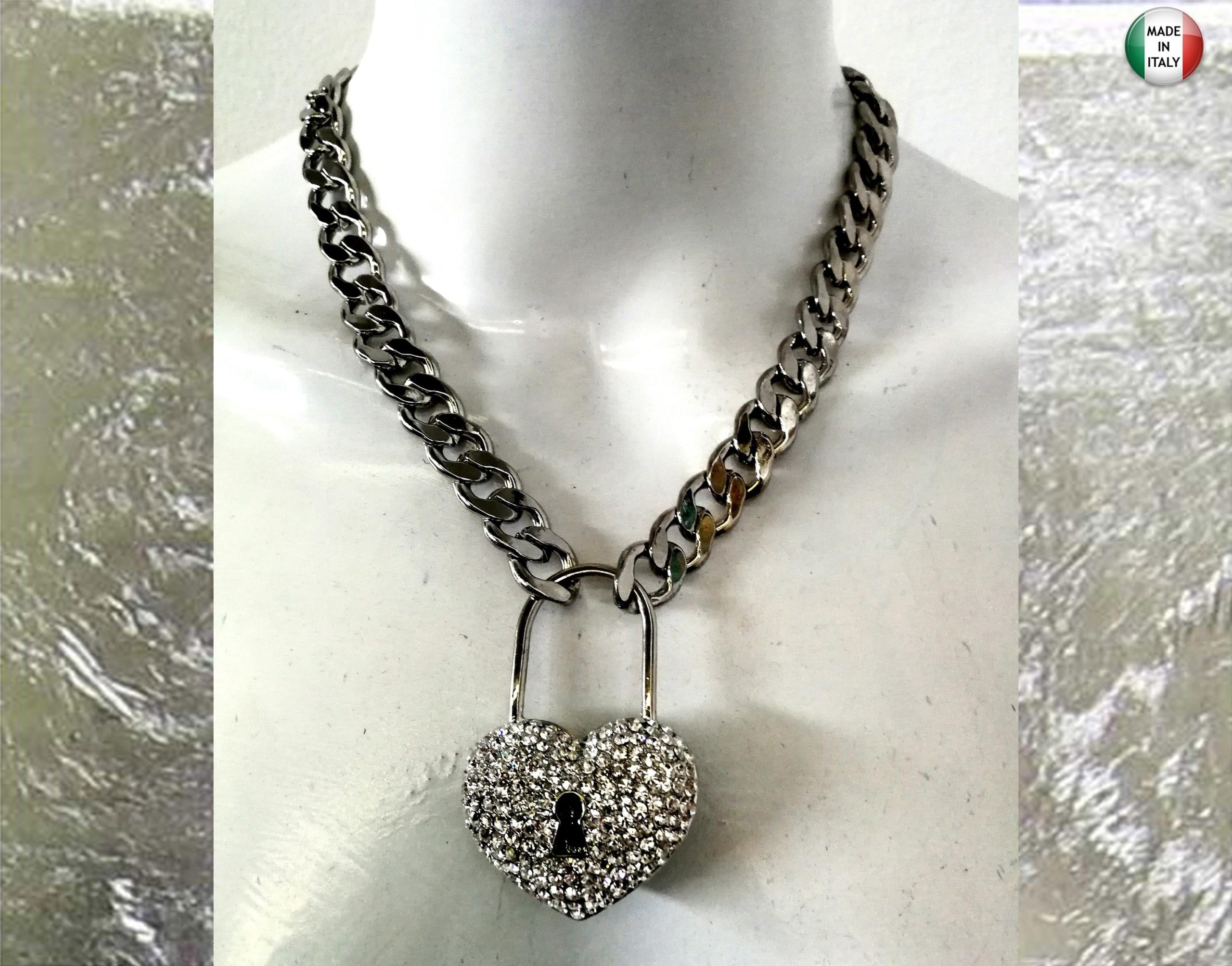 Silver Pendant, Hip Hop Necklace Jewelry, Rapper Chain Padlock Heart, Crystal Locket Charm Gangsta Rap Trap
