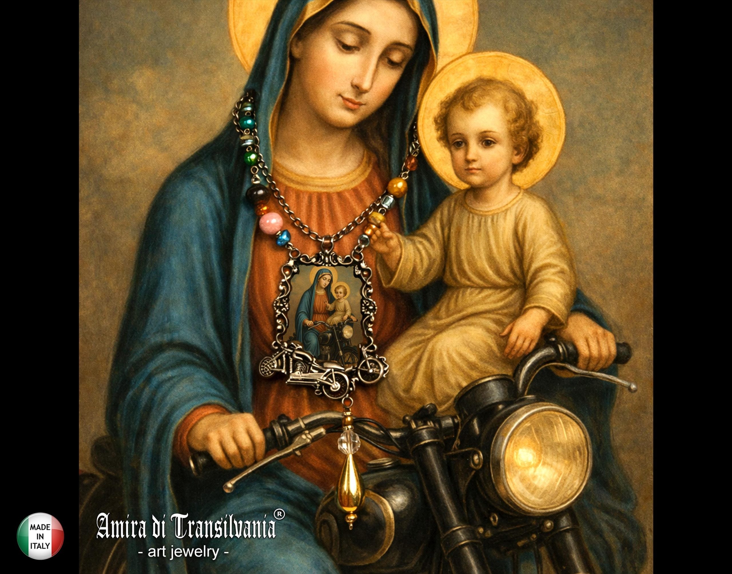 Holy Pop Jewelry, Ironic Vibes Religious Baroque Style, Orthodoxe Icon Necklace, Madonna with Child Motocycle Pendant