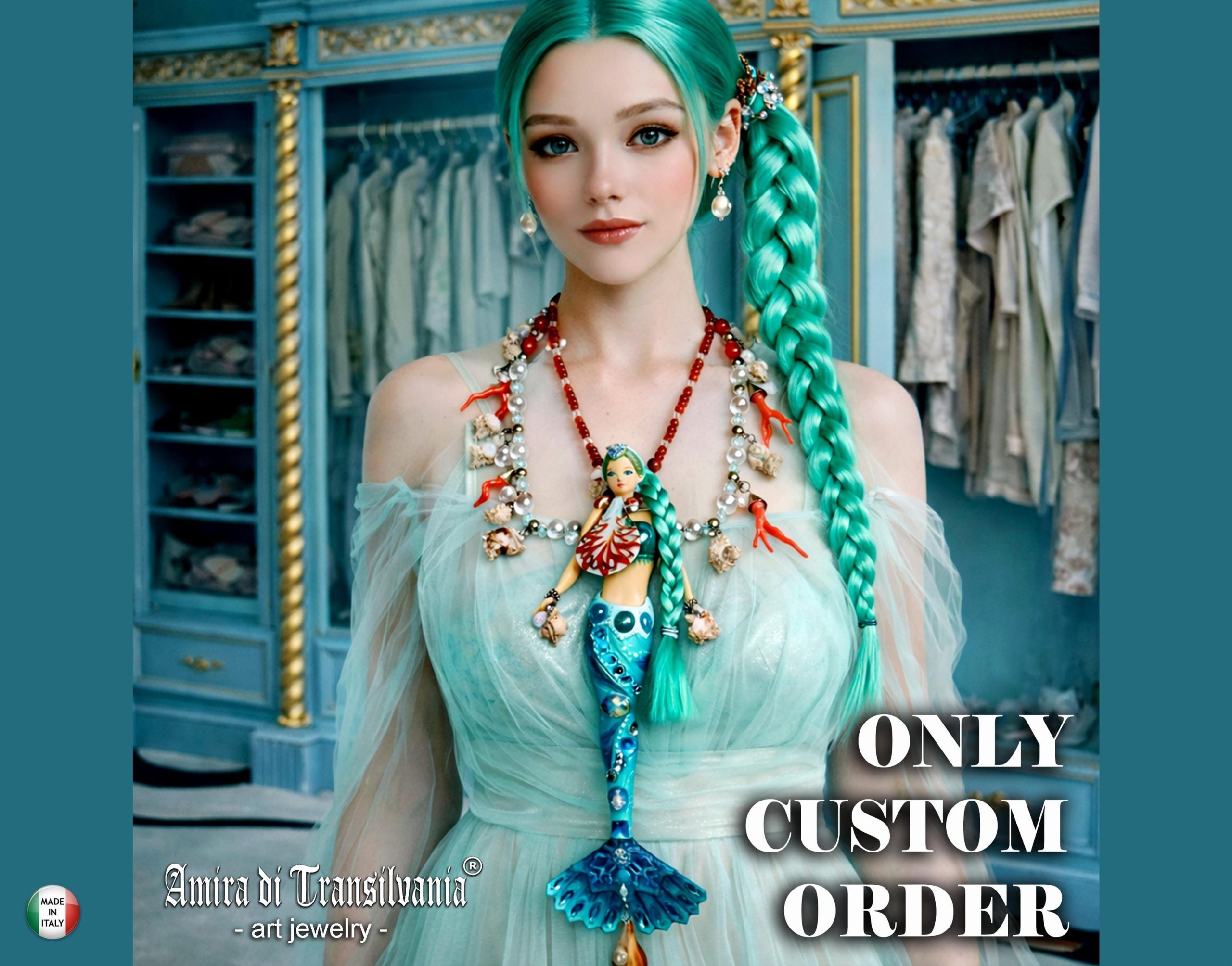 Siren Mermaid, Extravagant Jewelry Futuristic Doll Fish, Bib Pendant Seashell Conch Shell Coral Charm