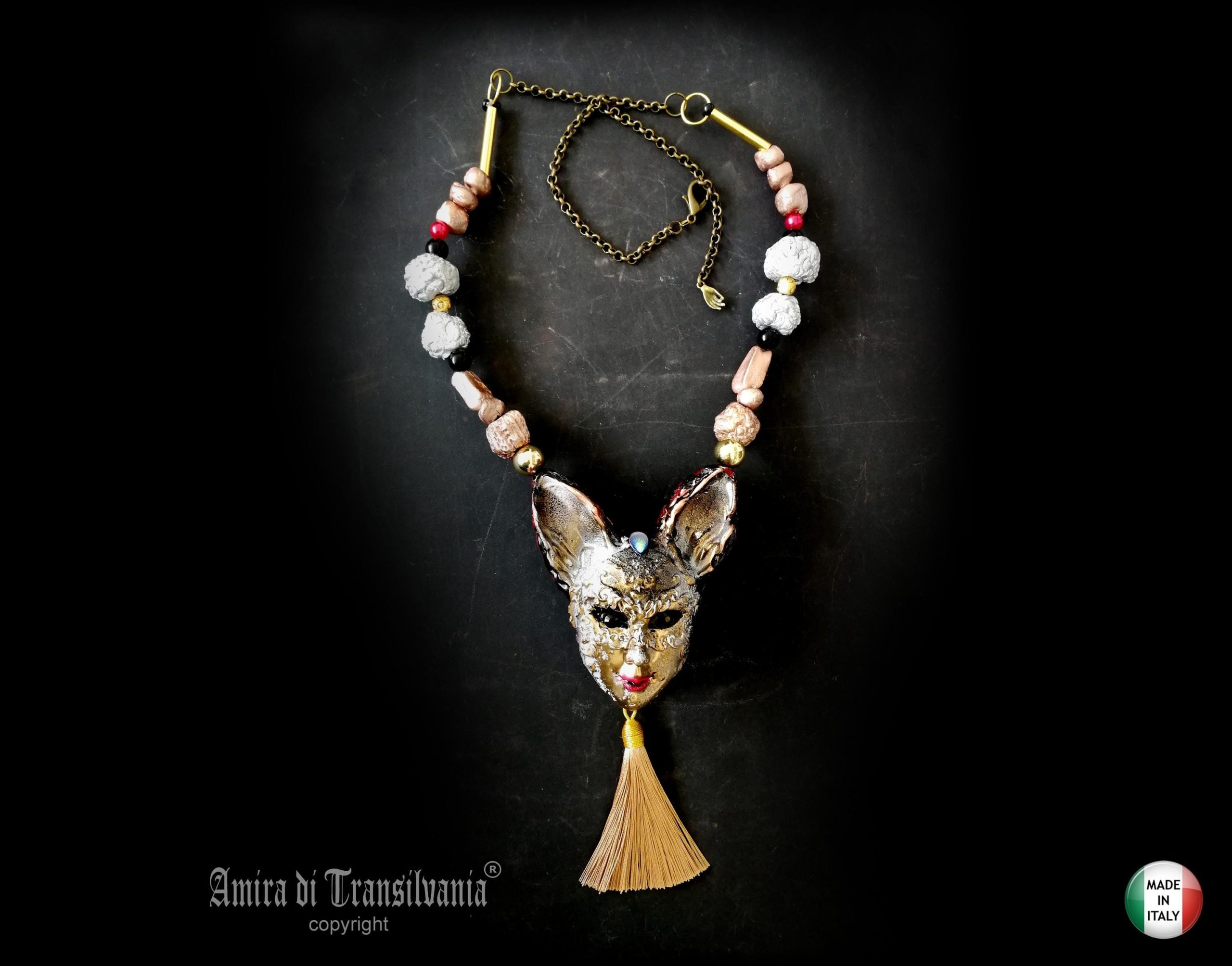 Venetian Mask Costume Jewelry, Cat Pendant Theatre Eye Mask, Luxury Charm Statement Sculptural Necklace