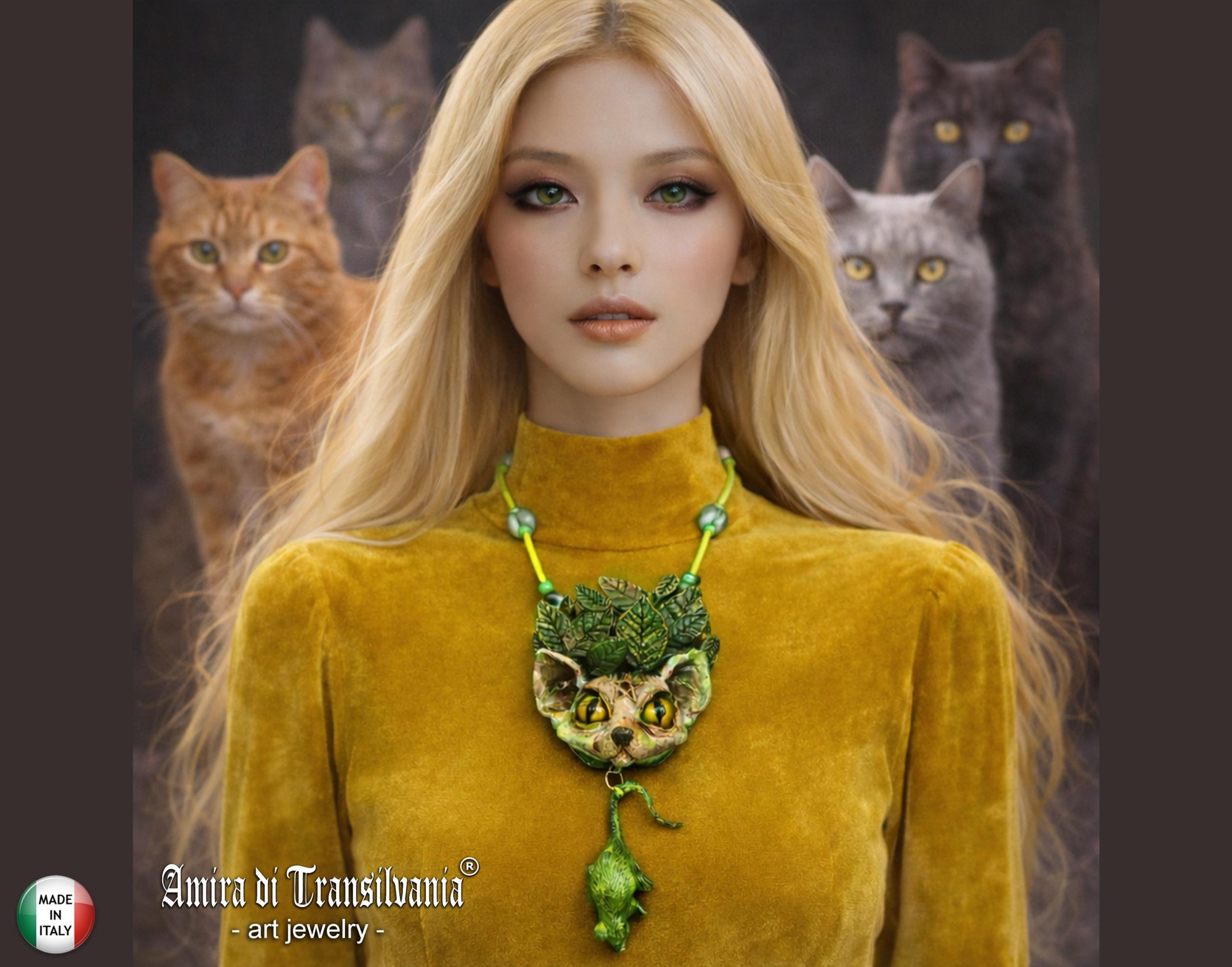 Statement Necklace - Animal Pendant Luxury Art Jewelry - Wild Cat Memorial Totem Sculptural Beaded Design