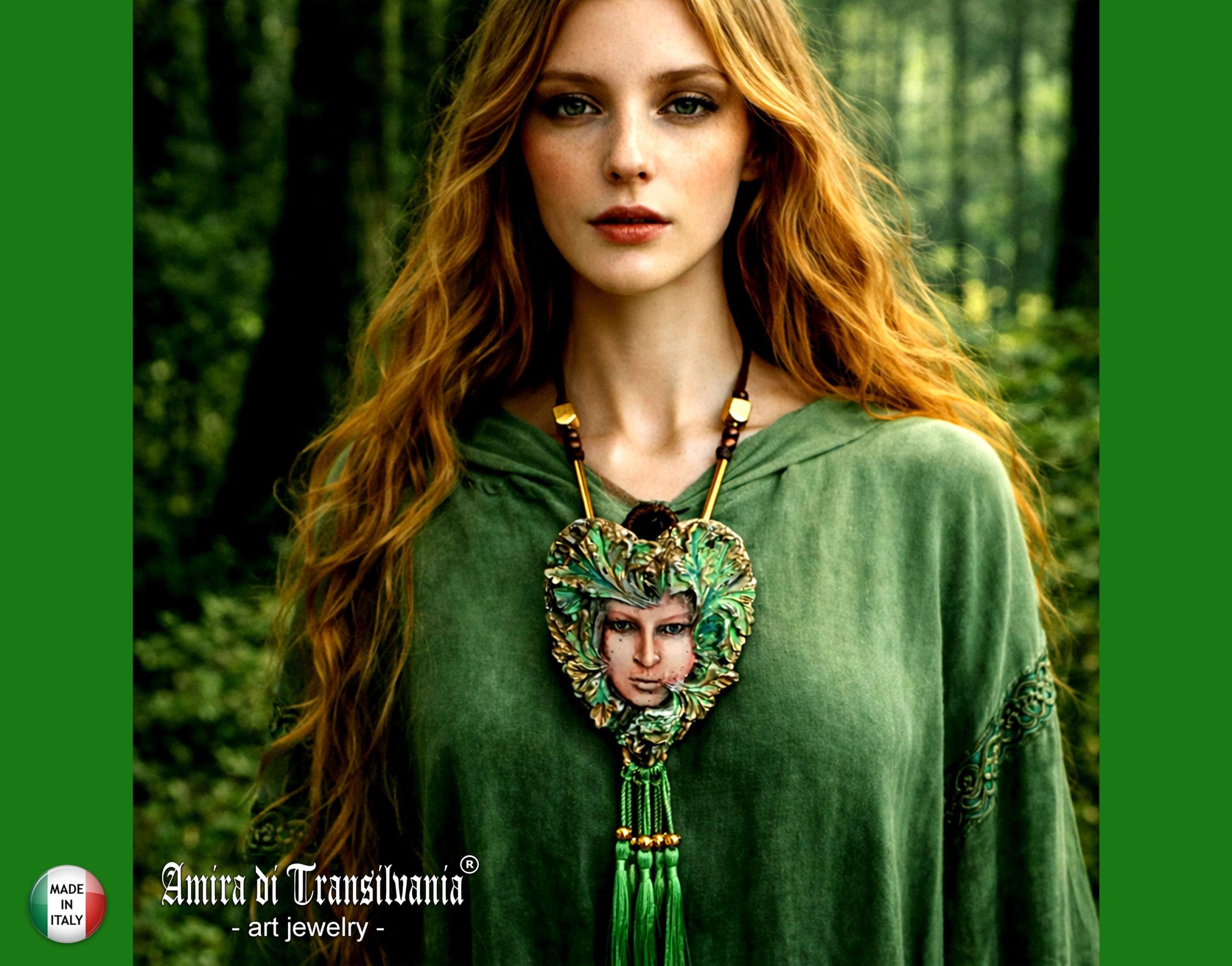Designer Jewelry, Chunky Pendant Forest Spirit Guide, Green Elf Little People Chunky Necklace Charm