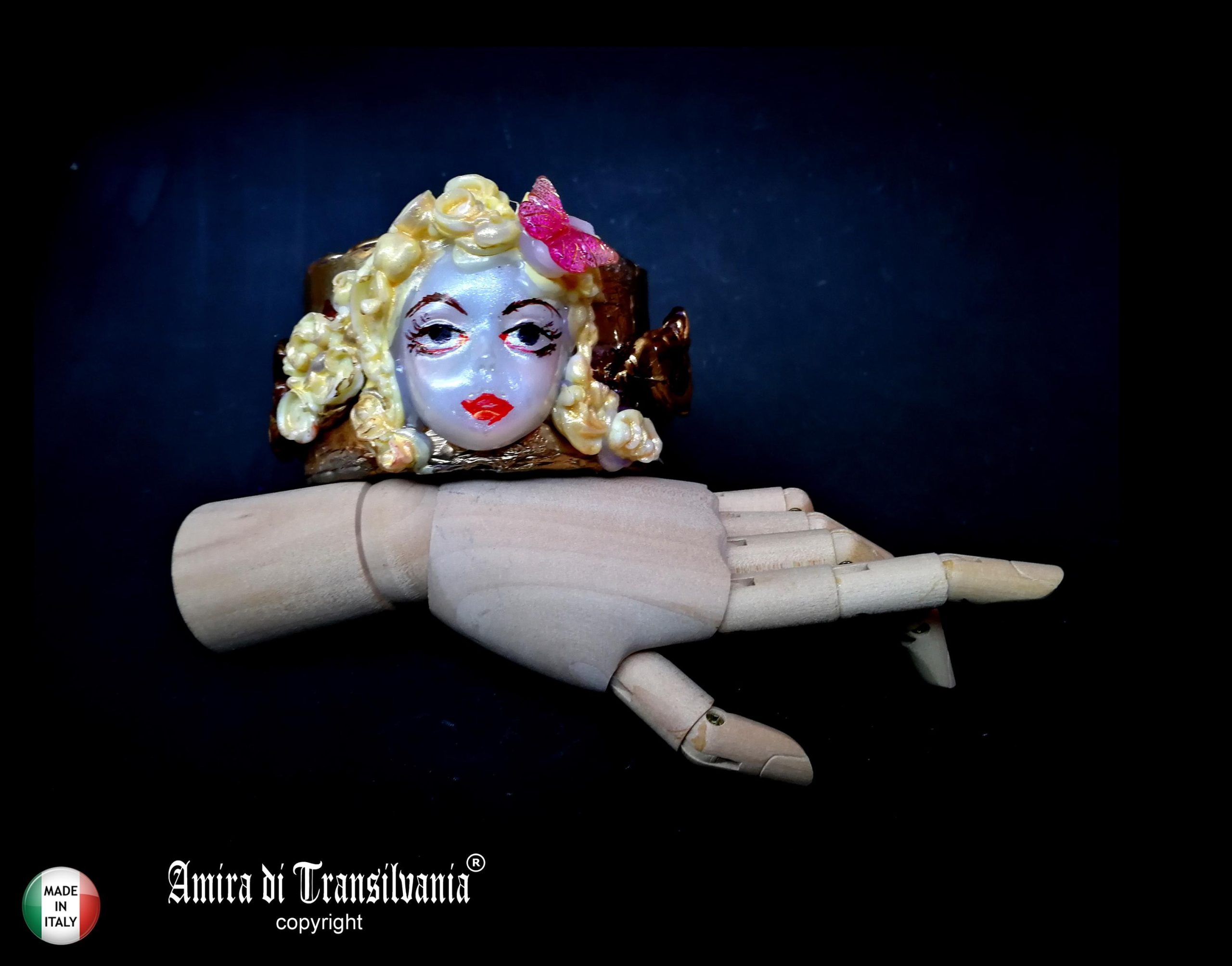 Flower Bracelet, Cuff Female Bangle Sculptural Doll Head Jewelry, Statement Luxury Brand Butterfly Baroque