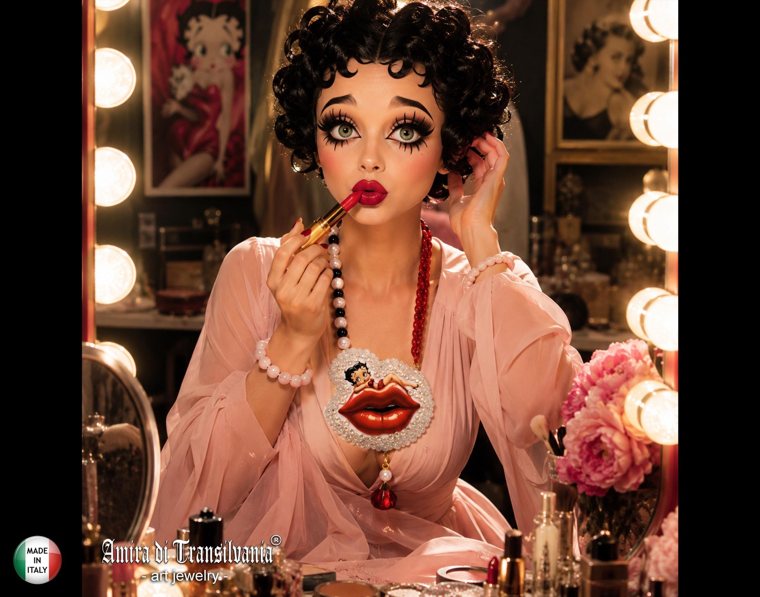 Betty Boop Figurine Whimsical Statement Necklace, OOAK Kiss & Lips Jewelry Old Hollywood Femme Fatale