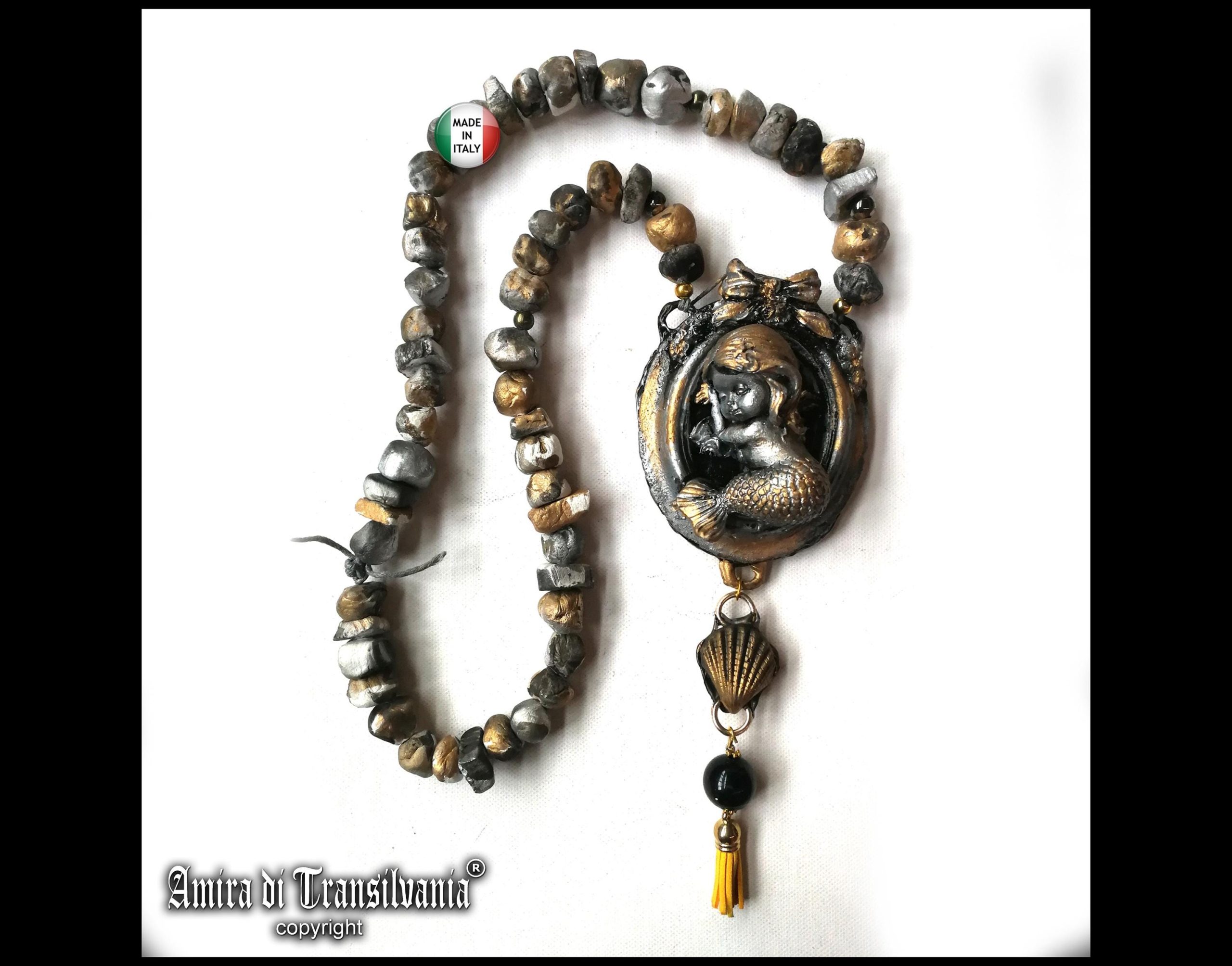 Handmade Sleeping Mermaid Pendant Necklace, Chunky Beaded Jewelry
