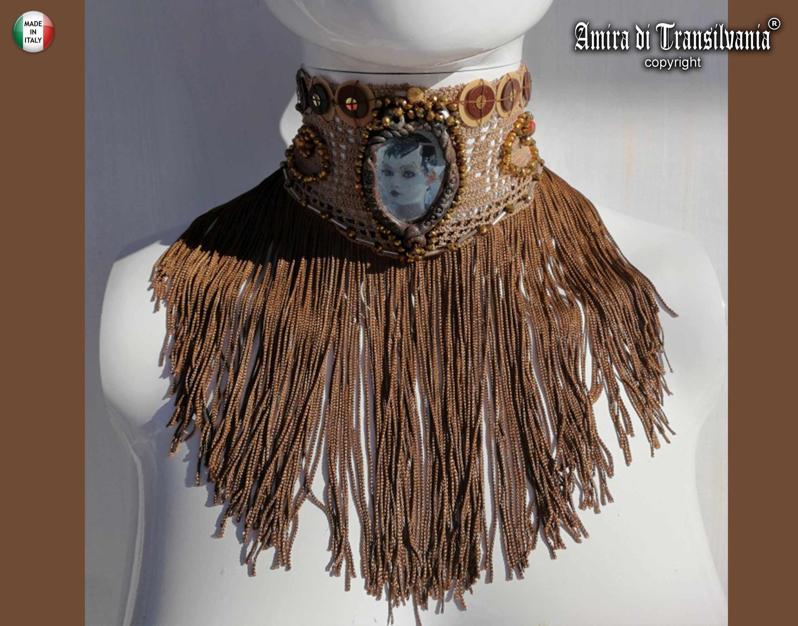 Handmade Macrame Lace Choker, Cameo Medallion, Fringe Collar