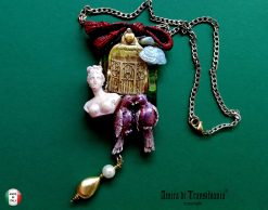 Doll Head Bird Cage Pendant, Art Deco Golden Pearl Charm