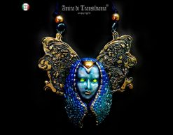 Art Nouveau Doll Head Pendant, Butterfly Sculpture, Handmade Jewelry