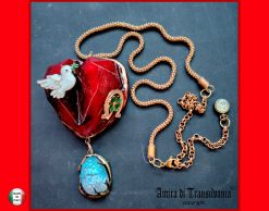 Anatomical Heart Necklace, Four Leaf Clover, Horseshoe & Dove Statement Jewelry Good Luck Charm Pendant