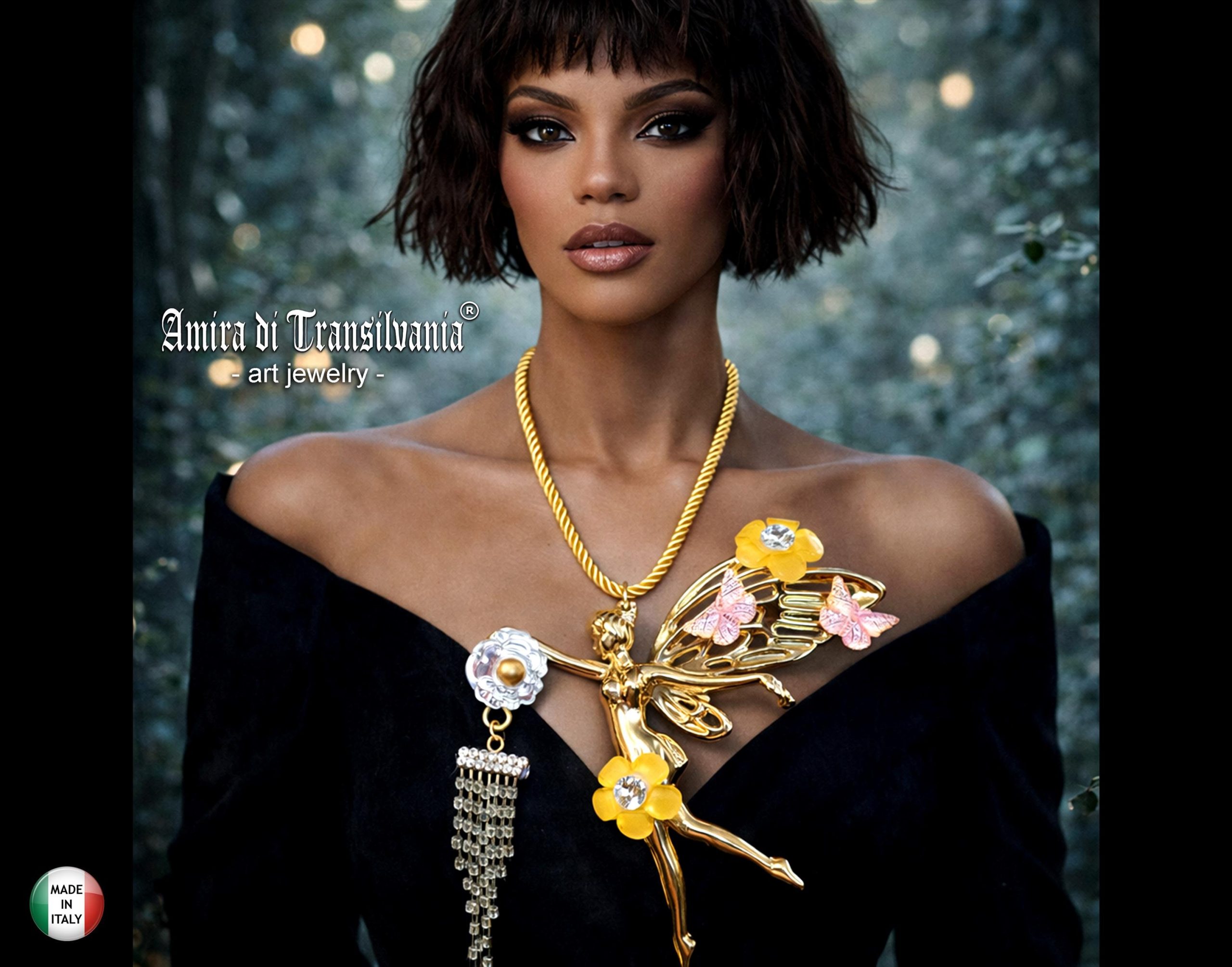 Fairy Wings Jewelry, Fairies Tale Golden Ballerina Butterfly Doll Pendant, Ballet Dance Figure Necklace