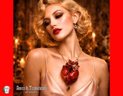 Anatomical Heart Red Necklace, Bee Nest Pendant Lucky Charm, Sculptural Statement Jewelry Choker Chain