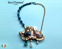 Brutalist Art Deco Bib Necklace, Doll Charm, Pearl Stone Pendant