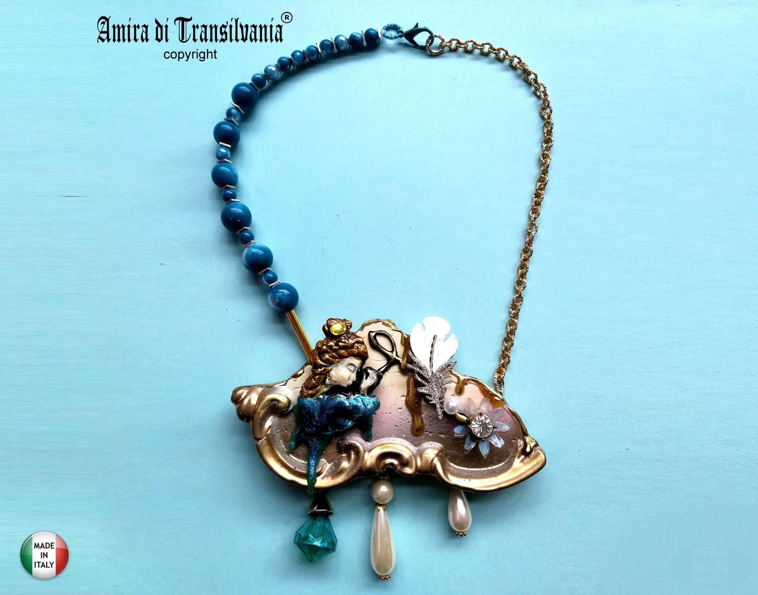 Brutalist Art Deco Bib Necklace, Doll Charm, Pearl Stone Pendant