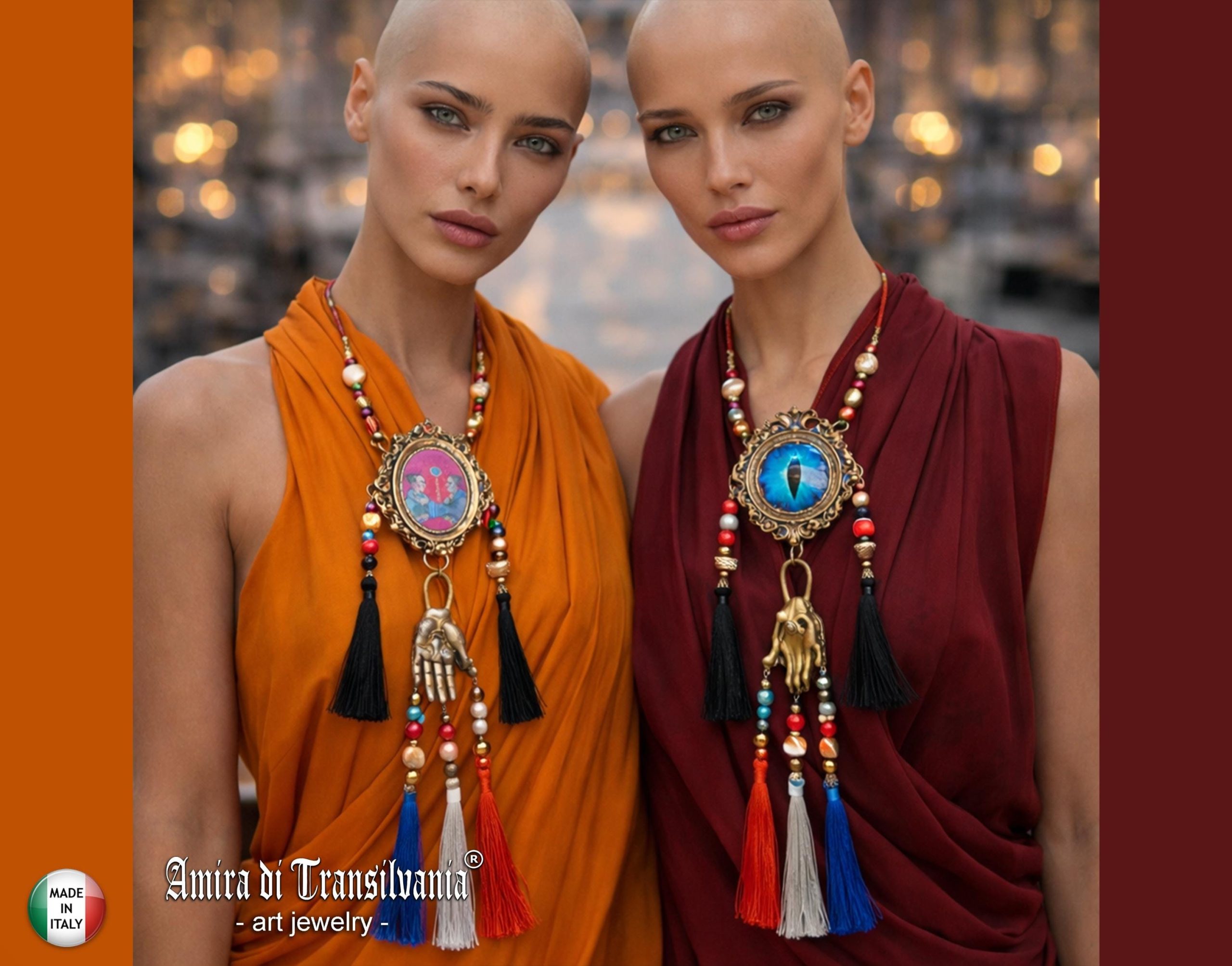 Buddha Jewelry, Statement Necklace Chunky Tribal Beaded Choker, Buddhist Pendant & Dragon Eye Sculptural Luxury