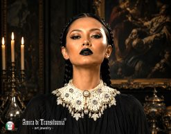 Wednesday Addams Macrame Collar Choker, Embroidered Lace Bib, Crystals & Pearls