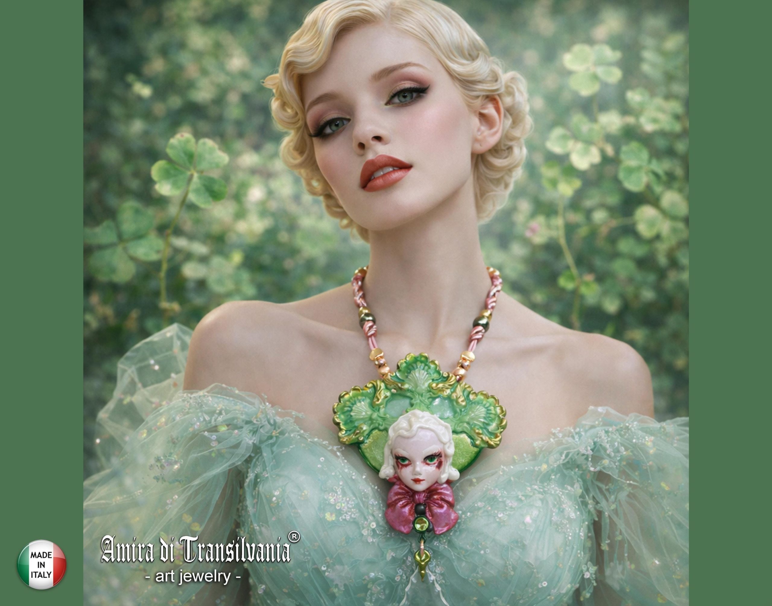 Statement Jewelry, Belle Epoque Sculpture Pendant, Four Leaf Clover Necklace Bib, Flower Crystal Charm