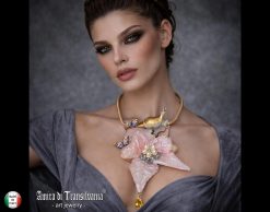 Statement Jewelry, Orchid Necklace Luxury Flower, Nature Snail Pendant Bib, Art Nouveau Crystal Charm