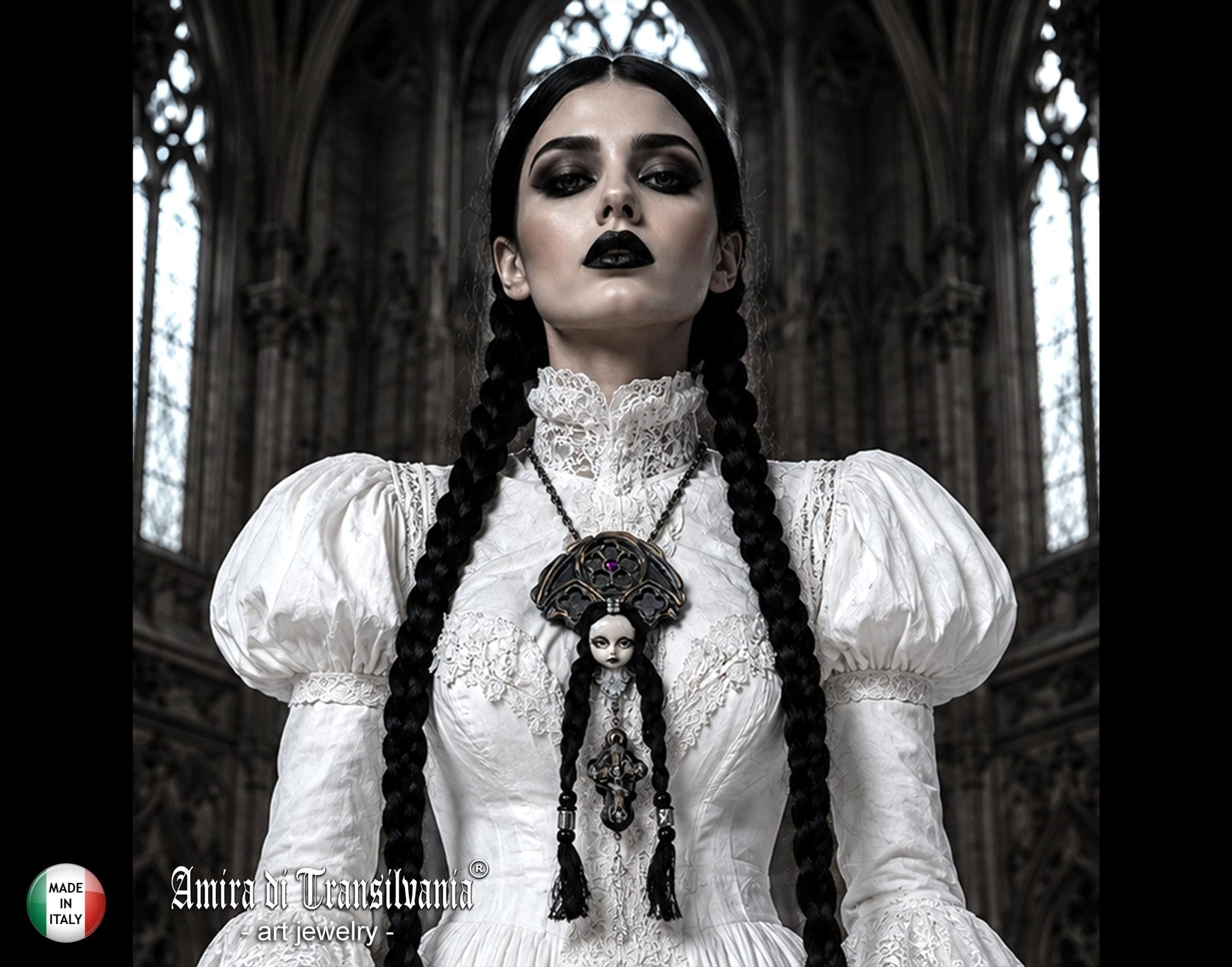 Gothic Necklace, Doll Head Sculpture Pendant, Wednesday Addams Goth Jewel Charm, Fairy Tale Jewelry