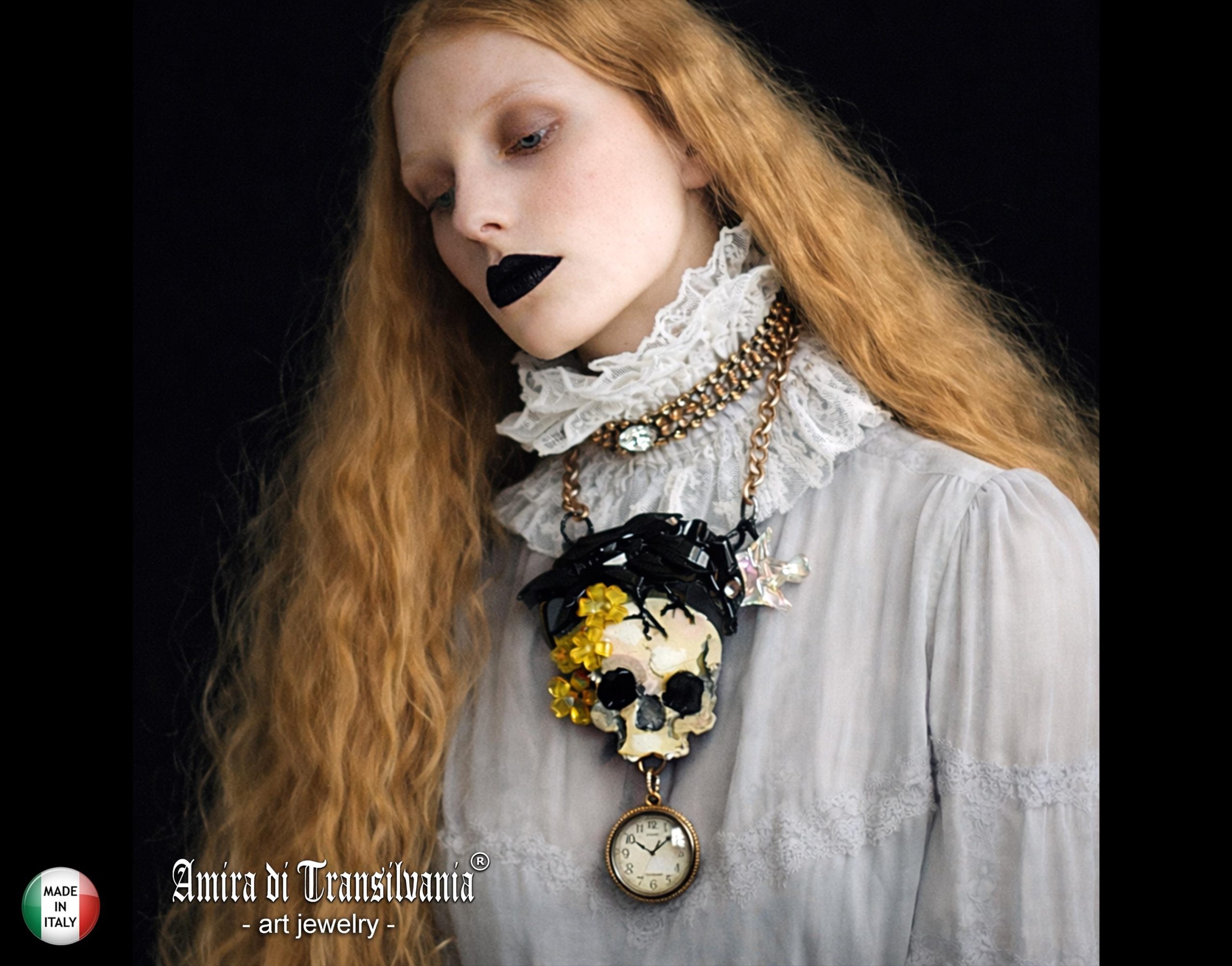 Victorian Gothic Jewelry, Baroque Statement Pendant Memento Mori, Skull Crowned Crow Black Raven Necklace
