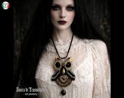 Owl Pendant, Statement Jewelry Nocturnal Bird Gothic Necklace, Embroidered Pendant Beaded Pearl Crystal Charm
