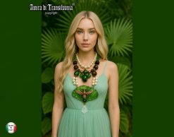 Fine Jewelry, Fan Leaf Bold Necklace, Chunky Pendant Art Nouveau Nature Pearl Crystal Charm