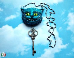 Cheshire Cat, Alice in Wonderland Sculpture Jewelry Necklace, Key Padlock Pendant Charm Fairy Tale