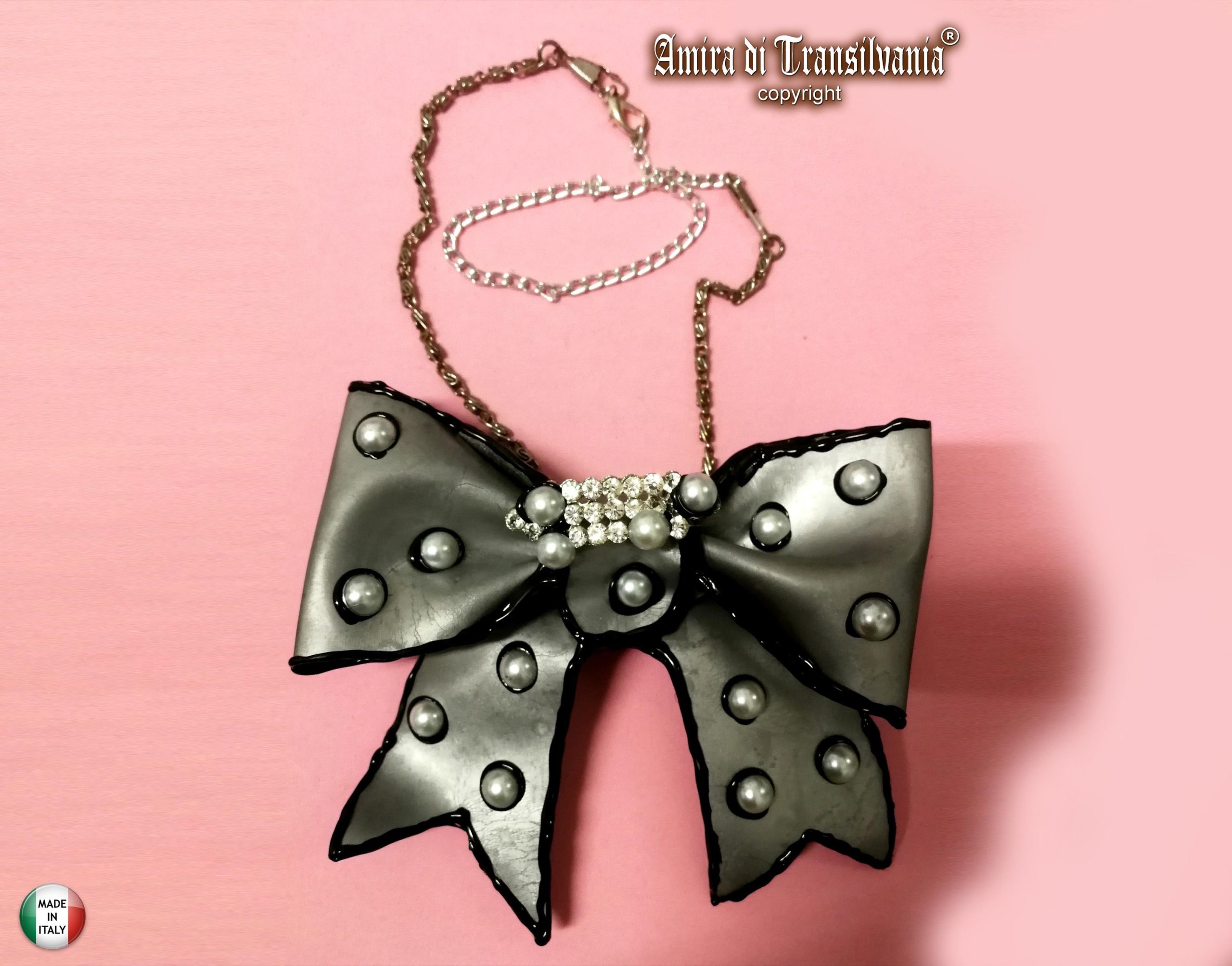 Big Bow Silver Pendant Necklace, Pearl Choker, Handmade Italian Couture