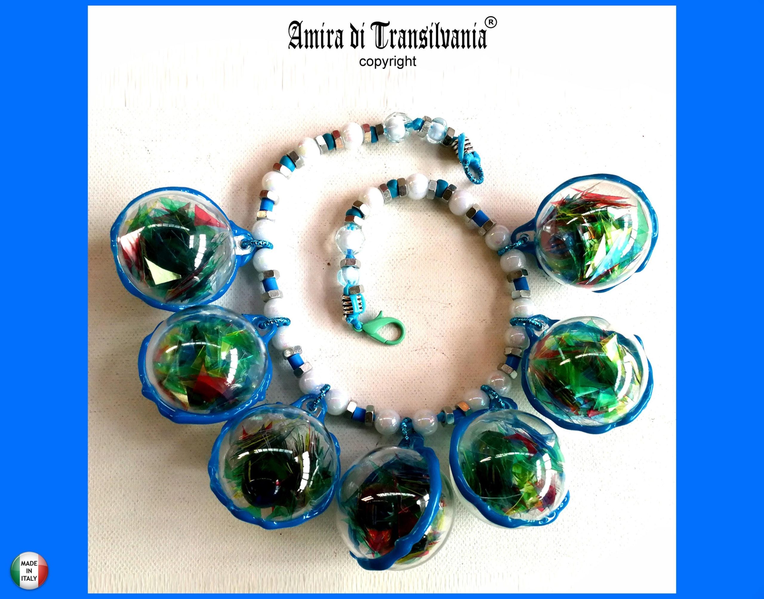 Futuristic Necklace Transparent Ball Jewelry, Avangarde Beaded Necklet Charm, Italian Design Choker Collar Caleidoscope