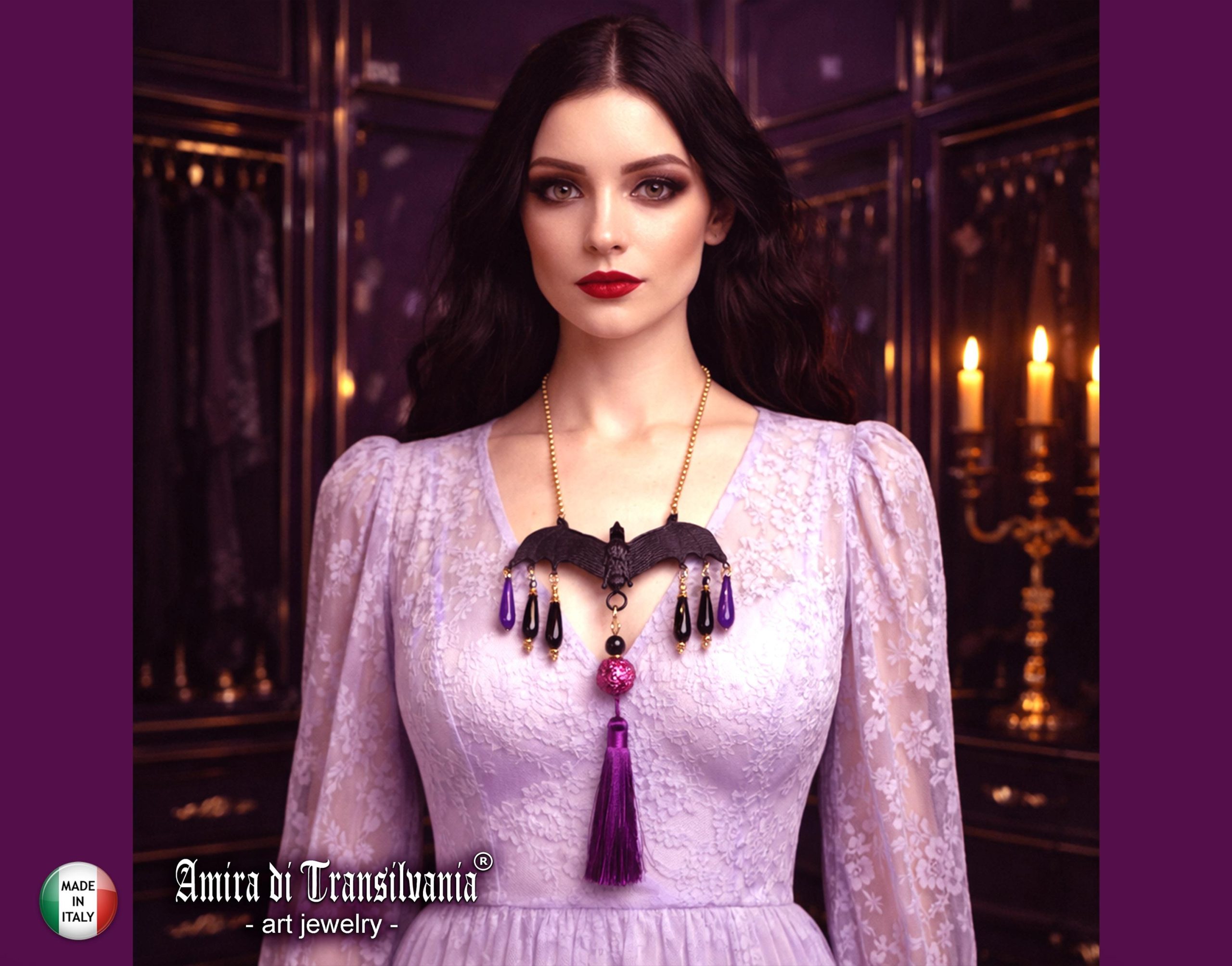 Bat Vampire Jewelry Dark Necklace, Beaded Tassel Pendant Chain, Gothic Punk Rock Jewel Charm