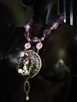 Rough Amethyst Statement Necklace Rhinestone Ball Accents Cat & Moon Chunky Pendant Design Beaded Jewelry