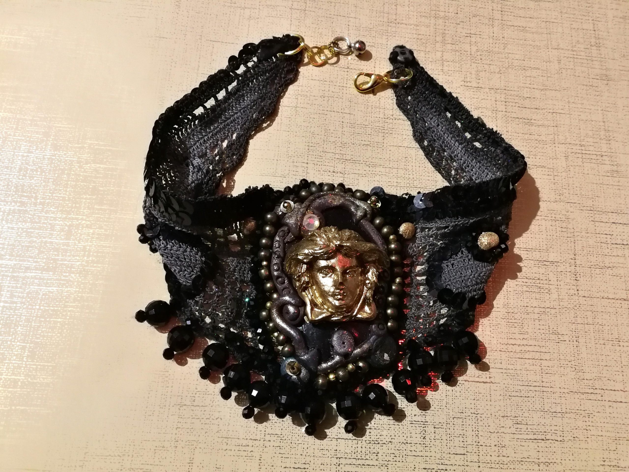 Dark Gothic Choker, Embroidered Macrame Lace Jewelry, Medusa Medallion Necklace Dramatic & Statement Collar