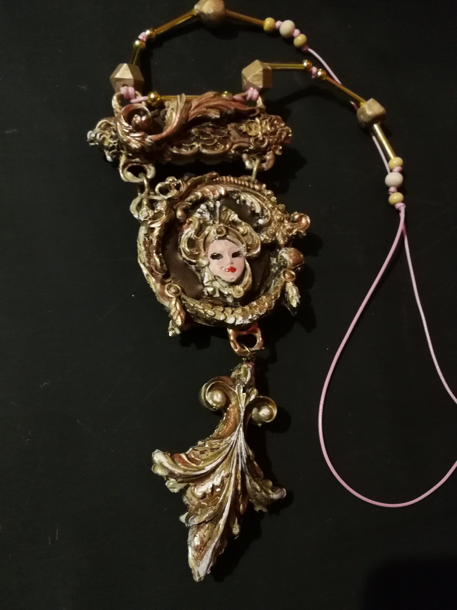 Venetian Mask Pendant, Sculptural Baroque Theatre Charm, Rococo Statement Massive Costume Jewelry OOAK Luxury