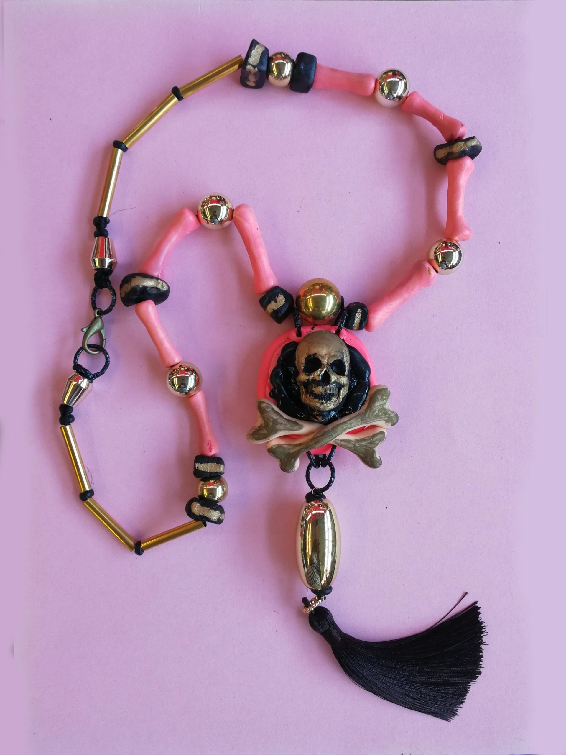 Mexican Necklace, Ethnic Glamour Whimsical Skull & Bones Pendant, Boho Quirky Oddities Jewelry Charm