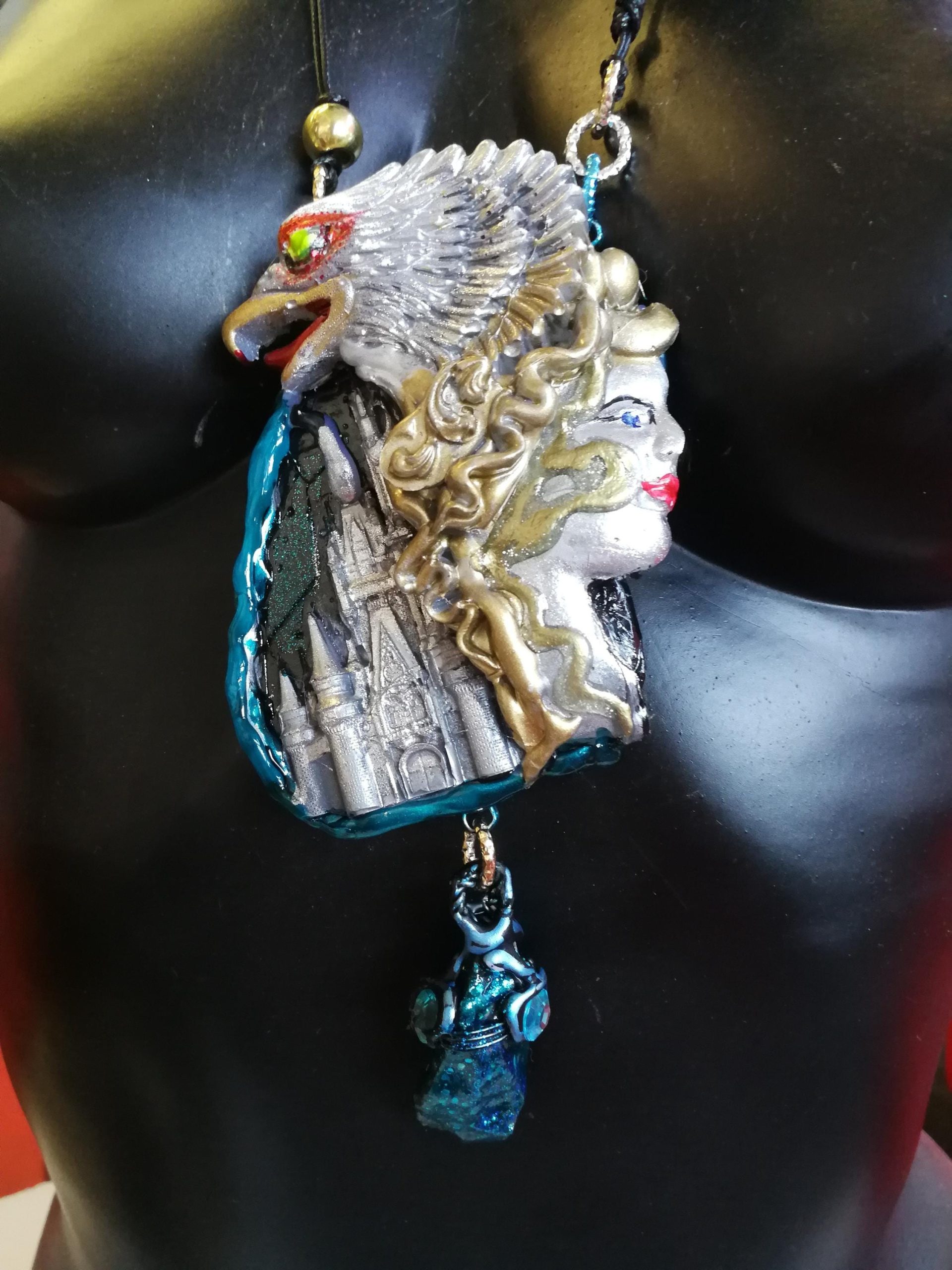 Silver Eagle Pendant, Statement Necklace Vulture Wild Bird Jewelry, Viking Castel Raw Stone Charm