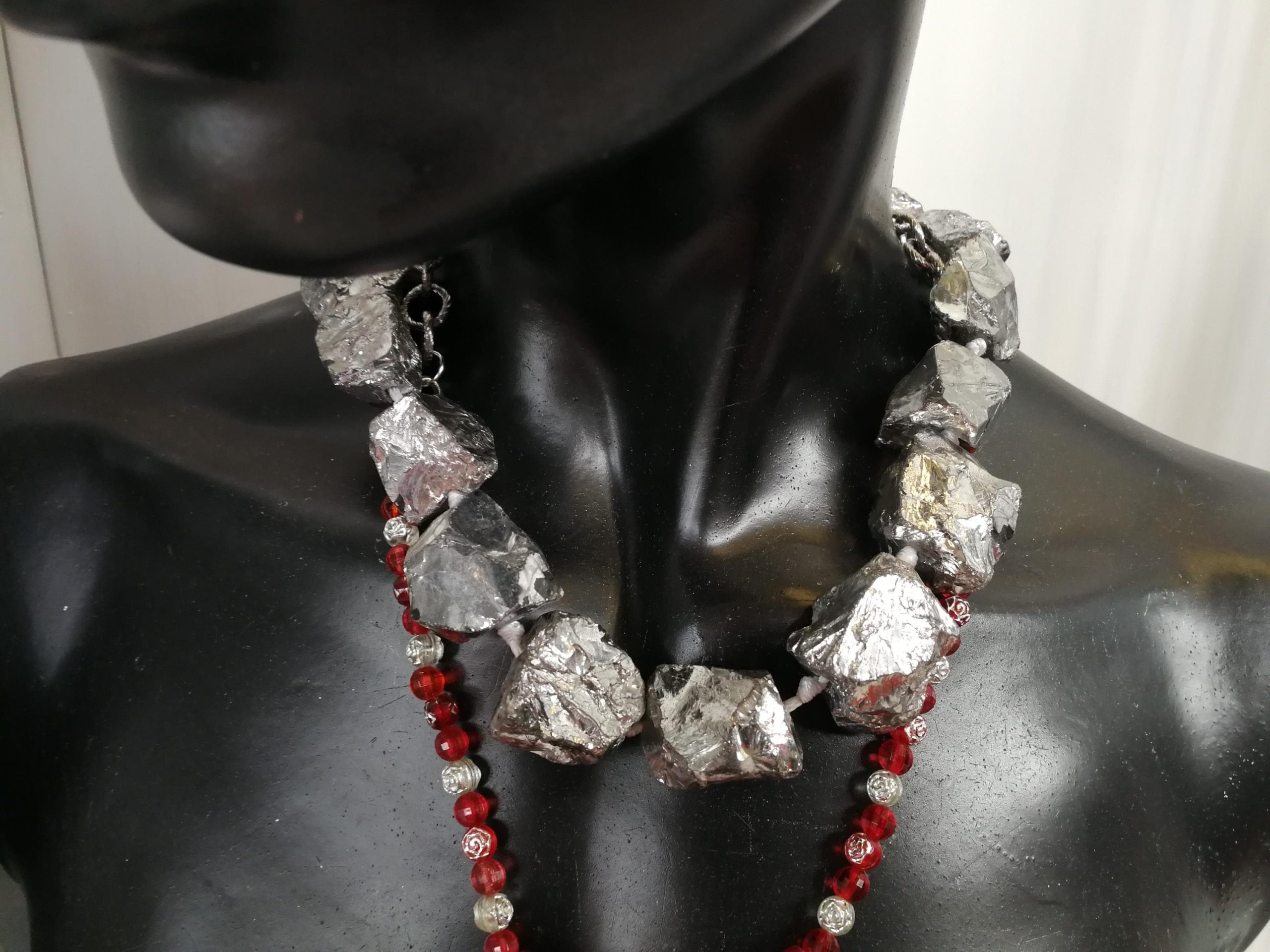 Brutalist Necklace, Chunky Snake Sculptural Pendant, Serpent Statement Jewelry Stone Beaded Chain Pyrite Gemstone